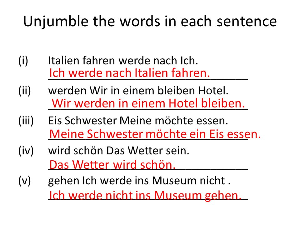 Unjumble the words in each sentence (i) Italien fahren werde nach Ich.