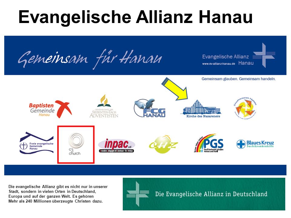 Evangelische Allianz Hanau Die evangelische Allianz gibt es nicht nur in unserer Stadt, sondern in vielen Orten in Deutschland, Europa und auf der ganzen Welt.