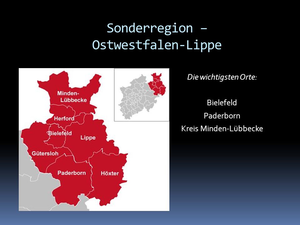 Die wichtigsten Orte: Bielefeld Paderborn Kreis Minden-Lübbecke Sonderregion – Ostwestfalen-Lippe