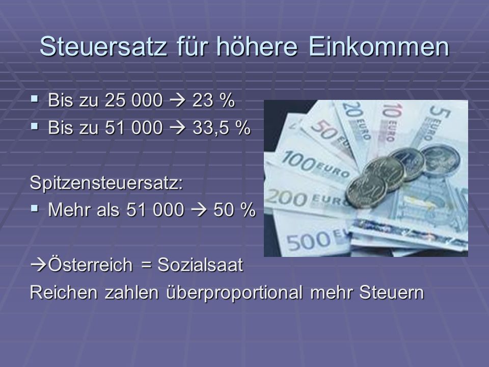 Steuersatz für höhere Einkommen  Bis zu  23 %  Bis zu  33,5 % Spitzensteuersatz:  Mehr als  50 %  Österreich = Sozialsaat Reichen zahlen überproportional mehr Steuern