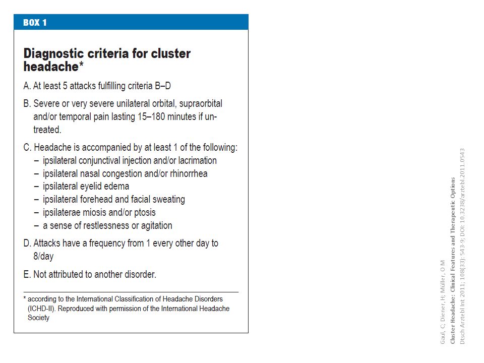 Gaul, C; Diener, H; Müller, O M Cluster Headache: Clinical Features and Therapeutic Options Dtsch Arztebl Int 2011; 108(33): 543-9; DOI: /arztebl