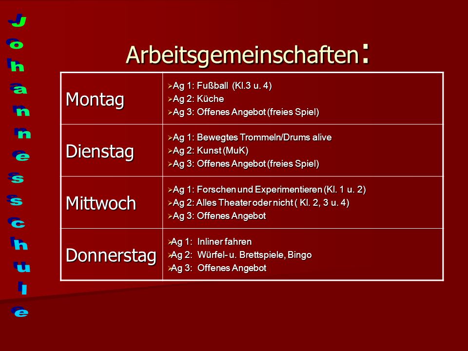 Arbeitsgemeinschaften : Montag Ag 1: Fußball (Kl.3 u.