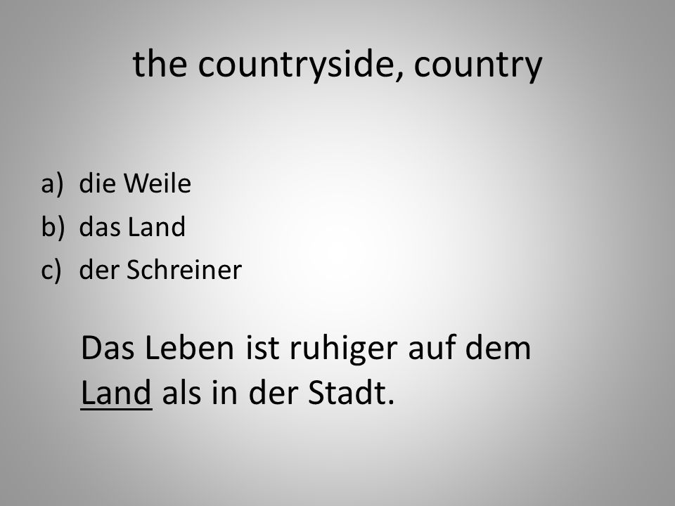 the countryside, country a)die Weile b)das Land c)der Schreiner Das Leben ist ruhiger auf dem Land als in der Stadt.
