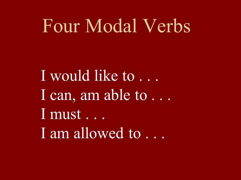 Four Modal Verbs I would like to... I can, am able to... I must... I am allowed to...