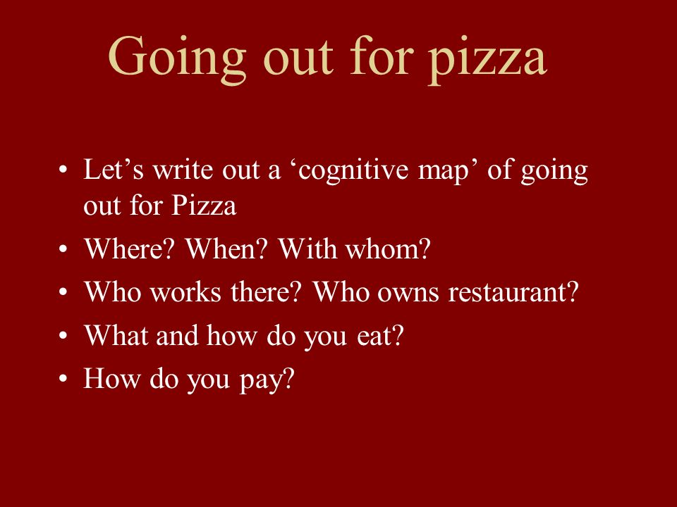 Going out for pizza Lets write out a cognitive map of going out for Pizza Where.