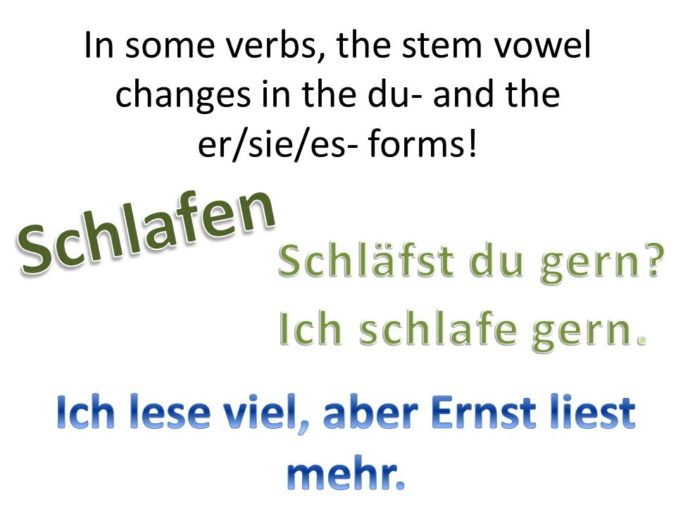 In some verbs, the stem vowel changes in the du- and the er/sie/es- forms!