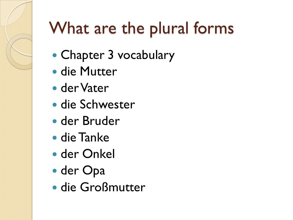 What are the plural forms Chapter 3 vocabulary die Mutter der Vater die Schwester der Bruder die Tanke der Onkel der Opa die Großmutter