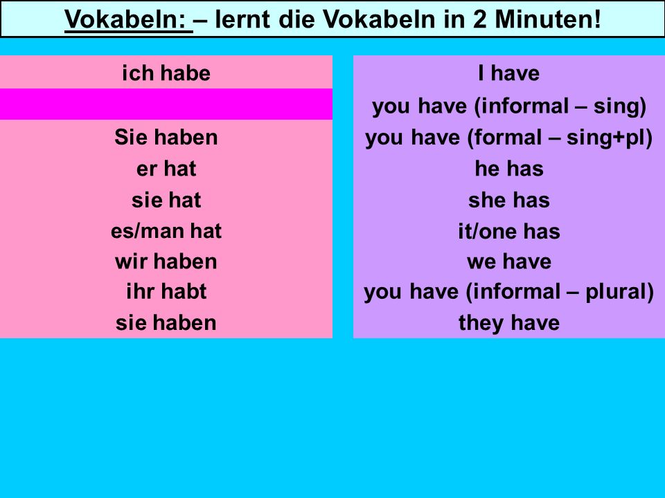 du hast Sie haben er hat sie hat es/man hat wir haben you have (informal – sing) you have (formal – sing+pl) he has she has it/one has we have ich habeI have Lets have a look at the different forms of haben ihr habt sie haben you have (informal – plural) they have