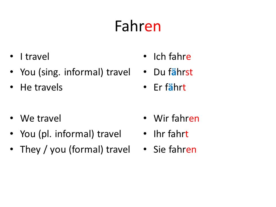 Fahren I travel You (sing. informal) travel He travels We travel You (pl.