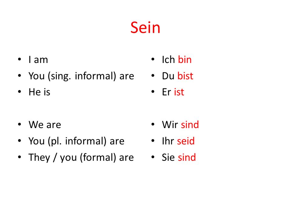 Sein I am You (sing. informal) are He is We are You (pl.