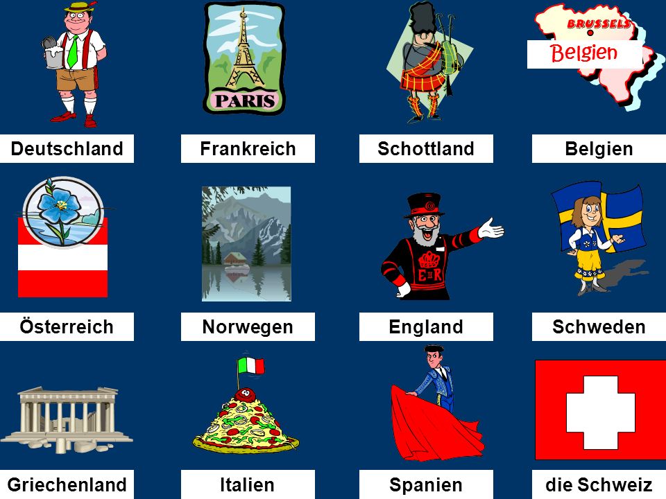 Was fehlt. (What is missing ) You will see 12 pictures for the countries again on the next slide.