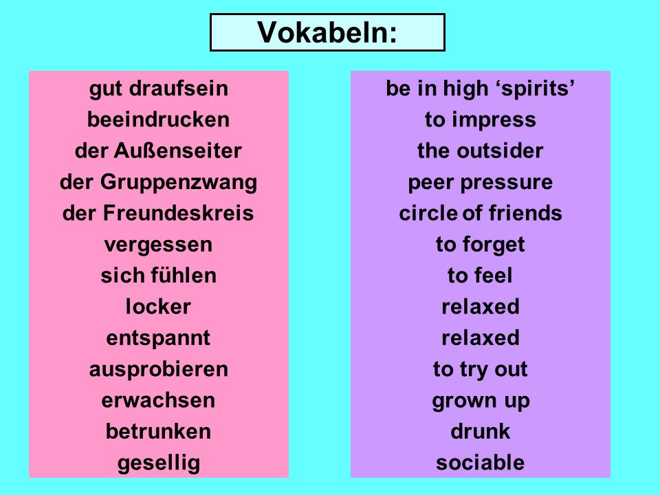 Vokabeln Read and hear the German vocabulary and have a look at the English and the German words Memorize them – on the following slides, initially one of the English words will be blocked out and then the same happens with the German words Can you remember the translations