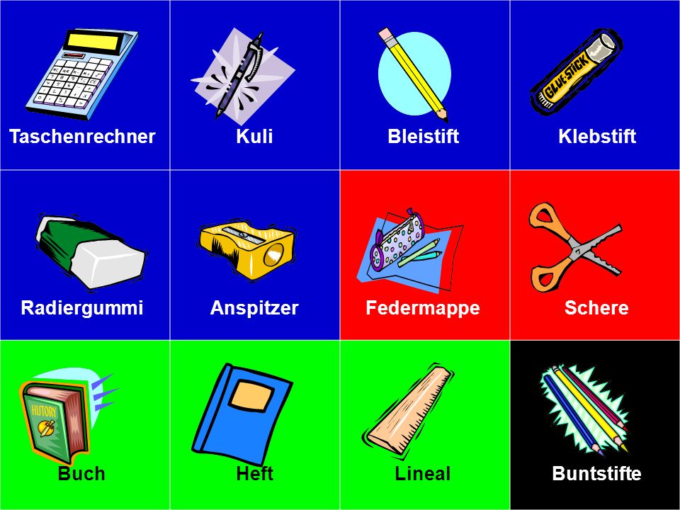 Was fehlt. (What is missing ) You will see 12 school things on the next slide again.