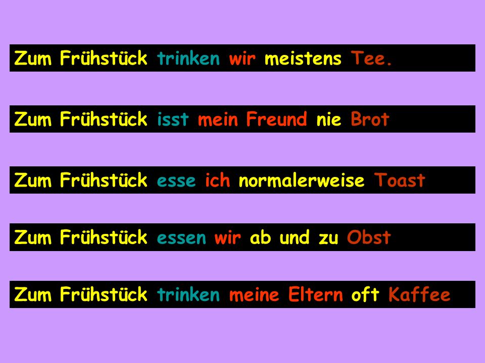 Wirtrinken zum Frühstück Tee And here are some more sentences for you to practice.