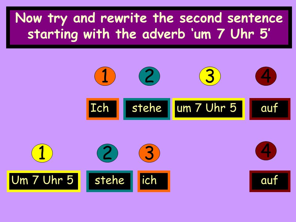 Now try and rewrite the second sentence starting with the adverb um 7 Uhr Ichsteheum 7 Uhr 5auf 123 Um 7 Uhr 5steheichauf