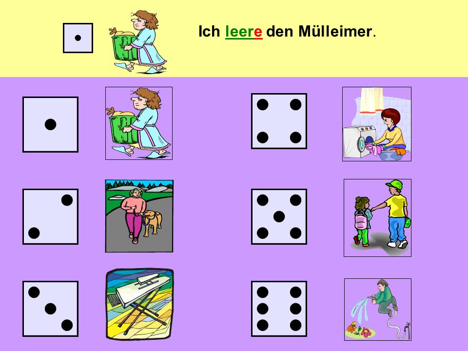 Das Würfelspiel (the dice game) You can play the game in pairs or groups Each pair/group needs one die Take it in turns to throw the die and keep a record of which number you have thrown With every number you throw, you have to say the sentence that goes with it, e.g.