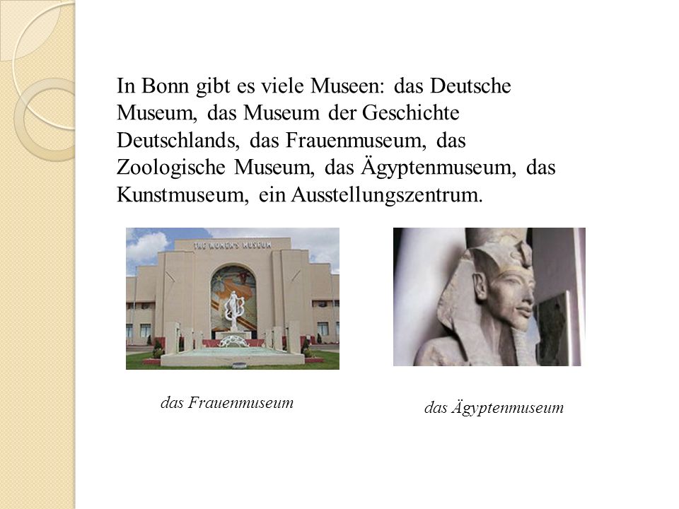 In Bonn gibt es viele Museen: das Deutsche Museum, das Museum der Geschichte Deutschlands, das Frauenmuseum, das Zoologische Museum, das Ägyptenmuseum, das Kunstmuseum, ein Ausstellungszentrum.