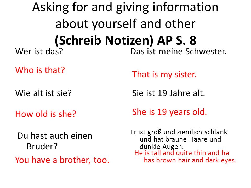 Asking for and giving information about yourself and other (Schreib Notizen) AP S.