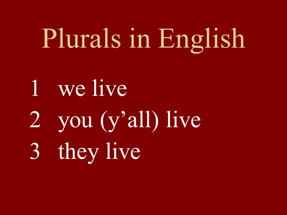 Plurals in English 1we live 2you (yall) live 3 they live