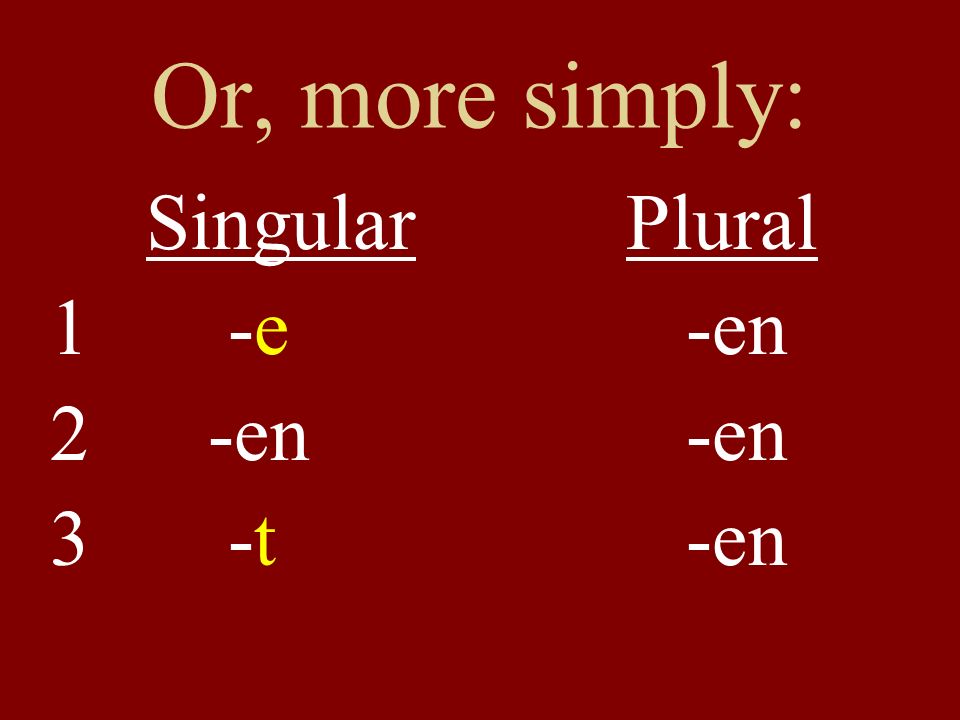 Or, more simply: SingularPlural 1 -e -en 2 -en -en 3 -t -en