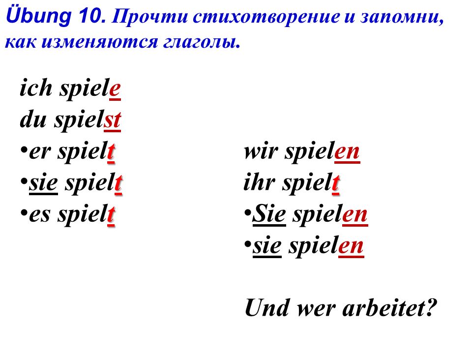 Глагол ich. Spielst формы. Дополните окончания глаголов ich Spiele_de Spiel_. Укажите глагол в единственном числе, 2 лицо: ich Spiele du spielst es spielt wir spielen.