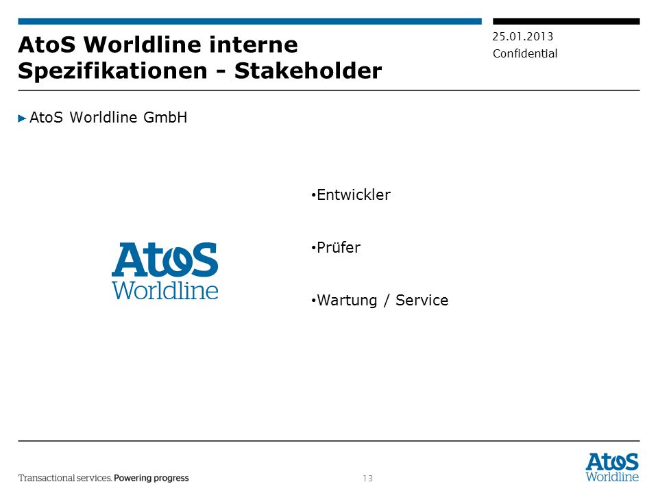Confidential AtoS Worldline interne Spezifikationen - Stakeholder ▶ AtoS Worldline GmbH Entwickler Prüfer Wartung / Service