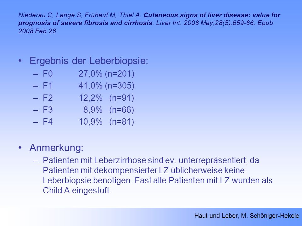 Ergebnis der Leberbiopsie: –F027,0% (n=201) –F141,0% (n=305) –F212,2% (n=91) –F3 8,9% (n=66) –F410,9% (n=81) Anmerkung: –Patienten mit Leberzirrhose sind ev.