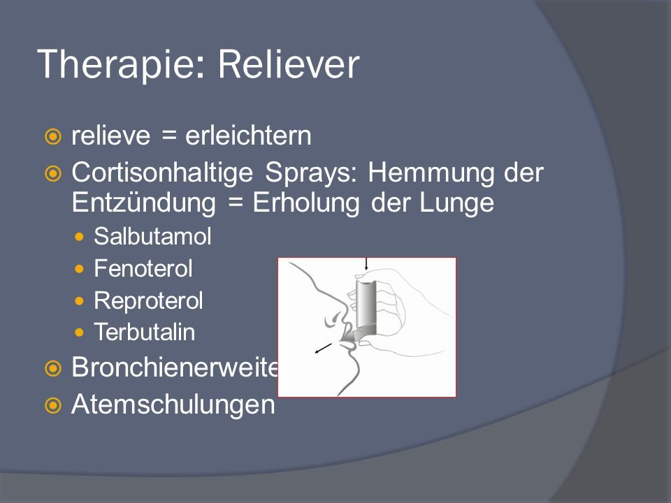 Therapie: Reliever  relieve = erleichtern  Cortisonhaltige Sprays: Hemmung der Entzündung = Erholung der Lunge Salbutamol Fenoterol Reproterol Terbutalin  Bronchienerweiternde Sprays  Atemschulungen